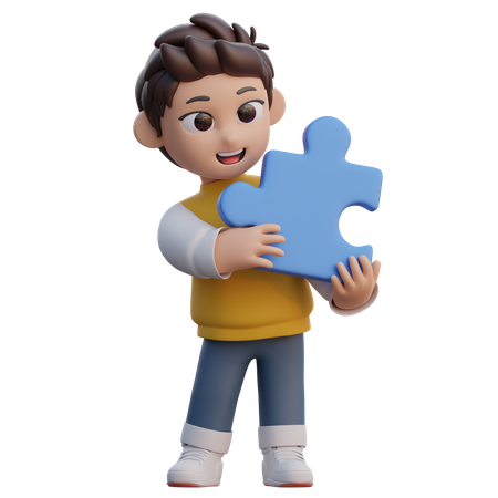Boy is Lifting Puzzle block  3D Illustration