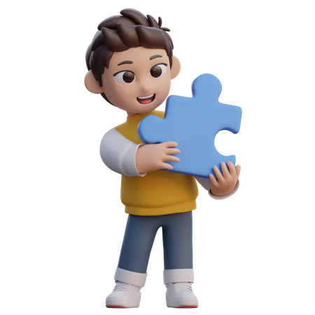 Boy is Lifting Puzzle block  3D Illustration