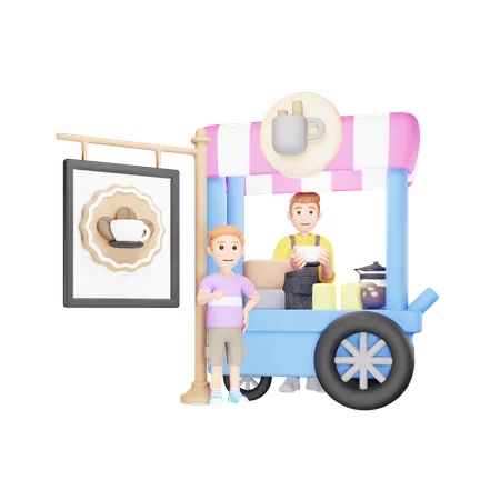 Boy is ordering coffee at coffee cart  3D Illustration