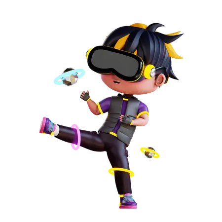3 D Cute Boy Play Fight Game In Metaverse 3D Illustration