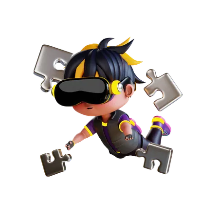 3 D Cute Boy Playing Puzzle Game In Metaverse 3D Illustration