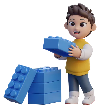 Boy is Stacking the Blocks  3D Illustration