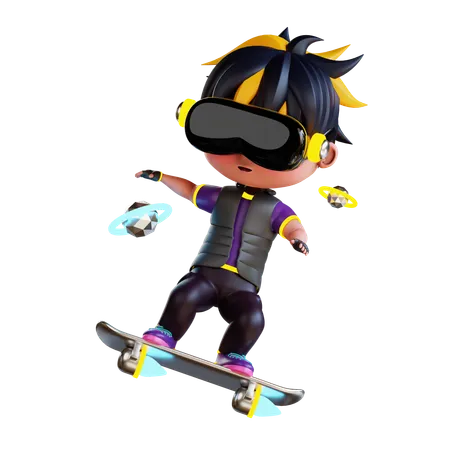 3 D Cute Boy Play Skate In Metaverse 3D Illustration