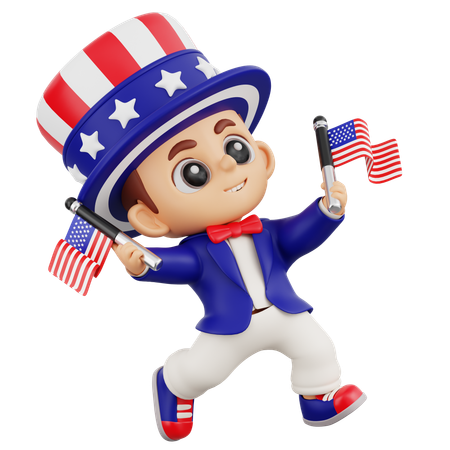2つのアメリカ国旗を持ちながらジャンプする少年  3D Illustration