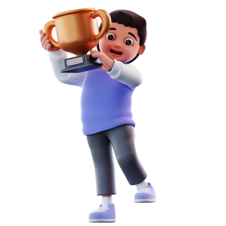 Boy Lifting Trophy  3D Illustration