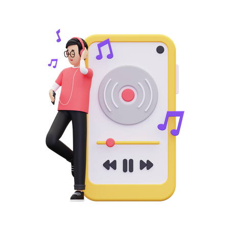 Boy listening music on mobile app  3D Illustration