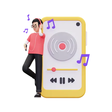 Boy listening music on mobile app  3D Illustration