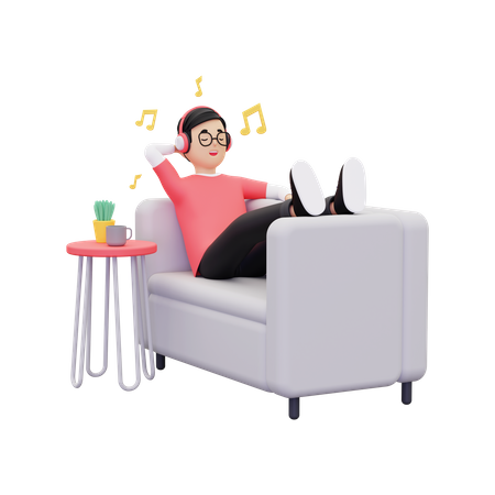 Boy listening to music while sleeping on couch  3D Illustration