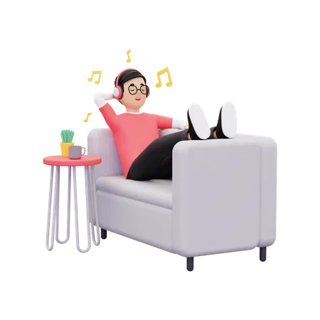 Boy listening to music while sleeping on couch  3D Illustration