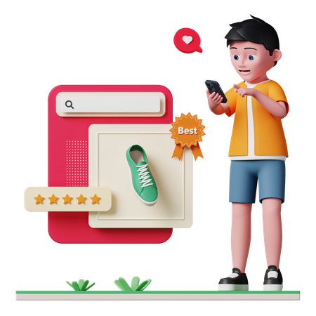 Boy looking at best product  3D Illustration