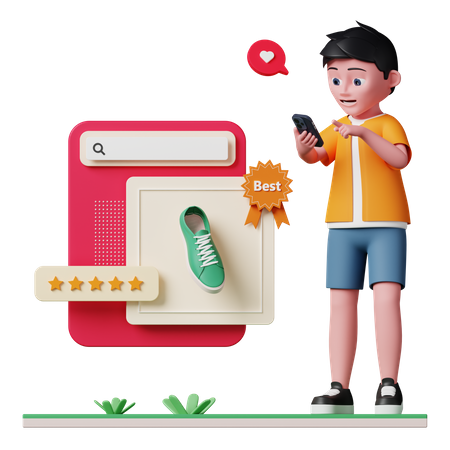 Boy looking at best product  3D Illustration