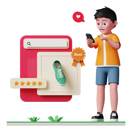 Boy looking at best product  3D Illustration