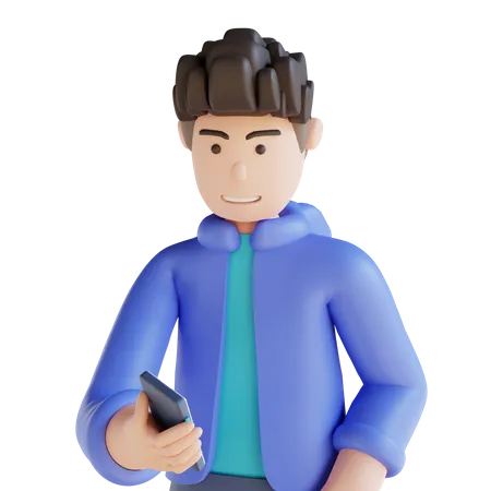 Boy looking at his cellphone 3D Illustration