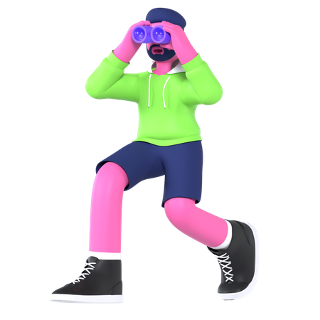 Boy Looking With Binoculars  3D Illustration