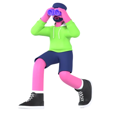 Boy Looking With Binoculars  3D Illustration