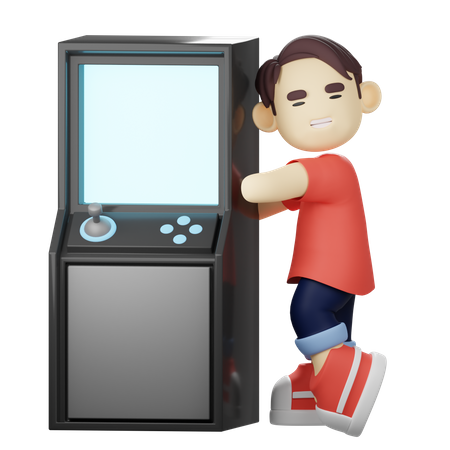 Boy loves playing on retro arcade machine 3D Illustration