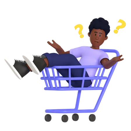 Boy Lying In Empty Cart While Confused  3D Illustration