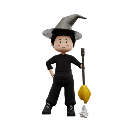 Boy Magic Broom  3D Illustration