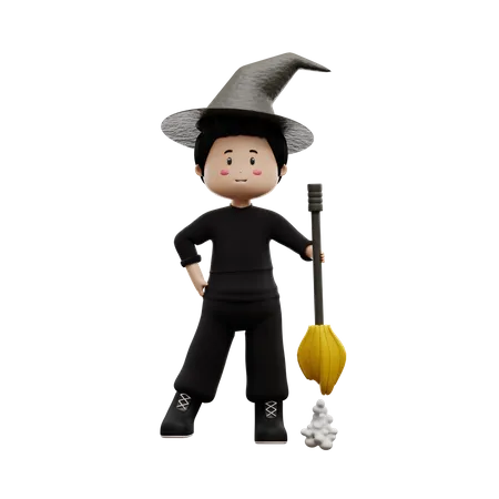 Boy Magic Broom  3D Illustration
