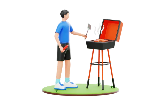 Boy Making Barbecue In Backyard  3D Illustration