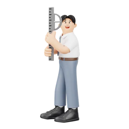 校舎を測る少年  3D Illustration