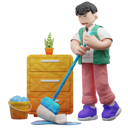 Boy Mopping Floor  3D Illustration