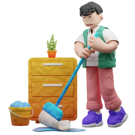 Boy Mopping Floor  3D Illustration
