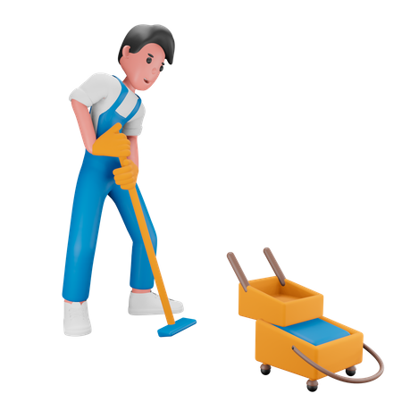 Boy mopping the floor  3D Illustration