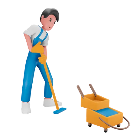 Boy mopping the floor  3D Illustration