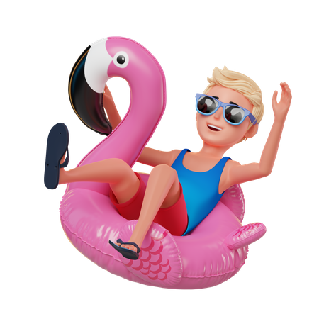 Boy on pink inflatable flamingo  3D Illustration