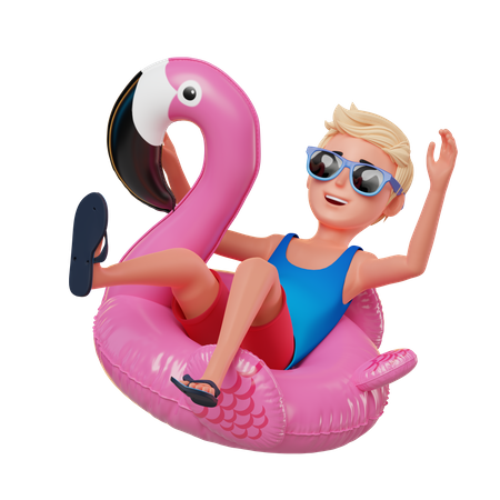 Boy on pink inflatable flamingo 3D Illustration