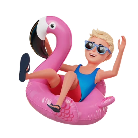 Boy on pink inflatable flamingo  3D Illustration