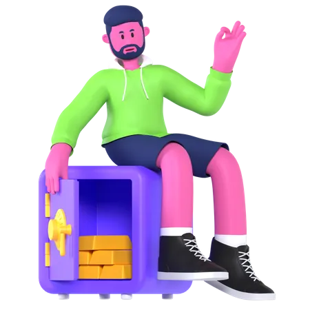 Boy On Safe Box  3D Illustration