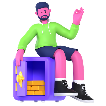 Boy On Safe Box  3D Illustration