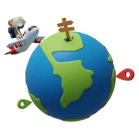 Boy on world tour exploring the world  3D Illustration