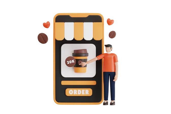 Boy Ordering Coffee Online 3 D Illustration Ordering Coffee In Food App 3 D Illustration 3D Illustration