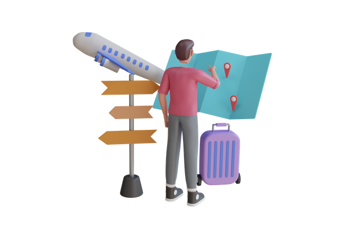 Boy Planning Travel Trip 3D Illustration