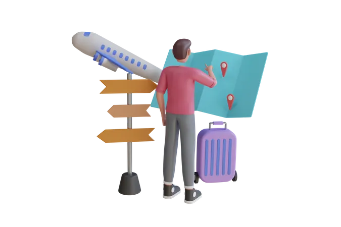 Boy Planning Travel Trip 3D Illustration