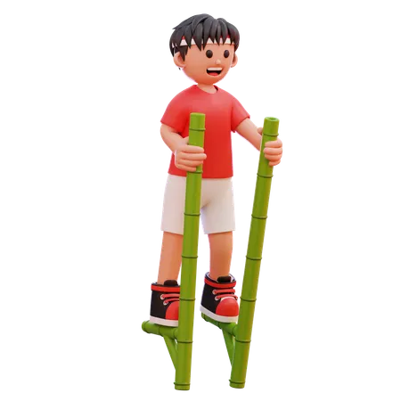 Boy Playing Bamboo Stilts  3D Illustration