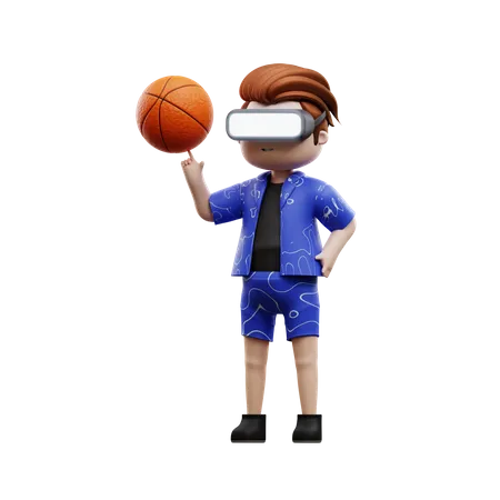 Boy Playing Basketball Using Vr Headset  3D Illustration