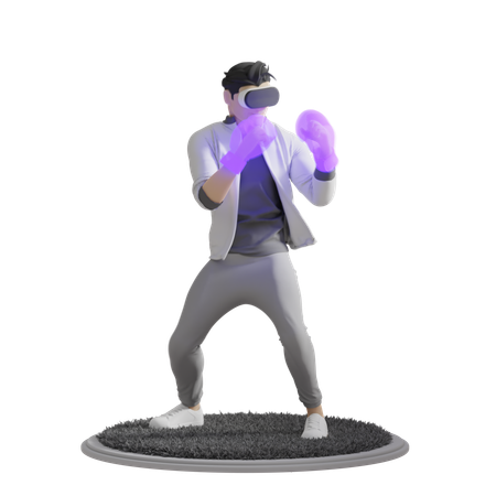 Boy Playing Boxing in VR 3D Illustration