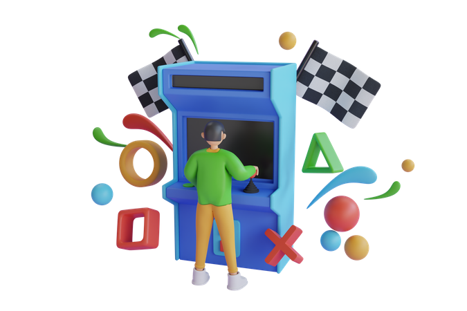 Boy playing game at Retro Arcade Machine  3D Illustration