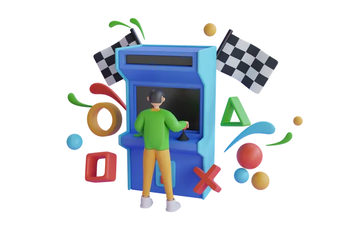 Boy playing game at Retro Arcade Machine  3D Illustration