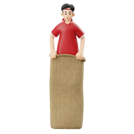 Junge spielt Sack-Rennspiel  3D Illustration