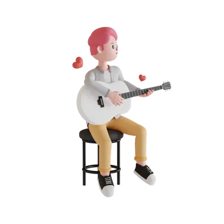 Boy playing his guitar 3D Illustration