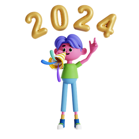 Boy playing trumpet at new year party  3D Illustration