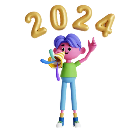 Boy playing trumpet at new year party  3D Illustration