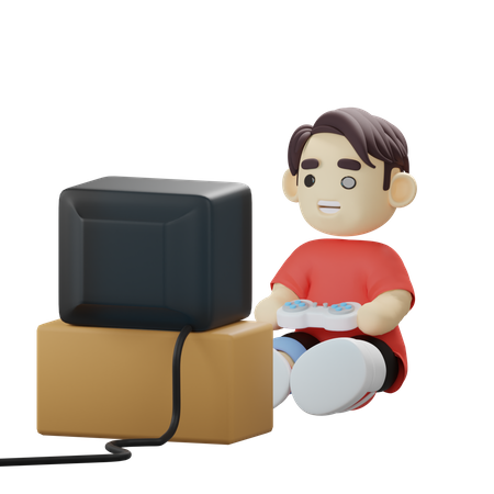 Boy playing video game using remote controller  3D Illustration