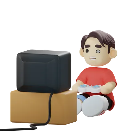 Boy playing video game using remote controller  3D Illustration