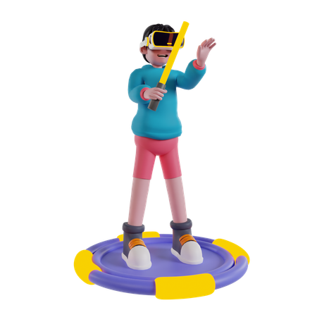 Boy playing virtual sword game  3D Illustration